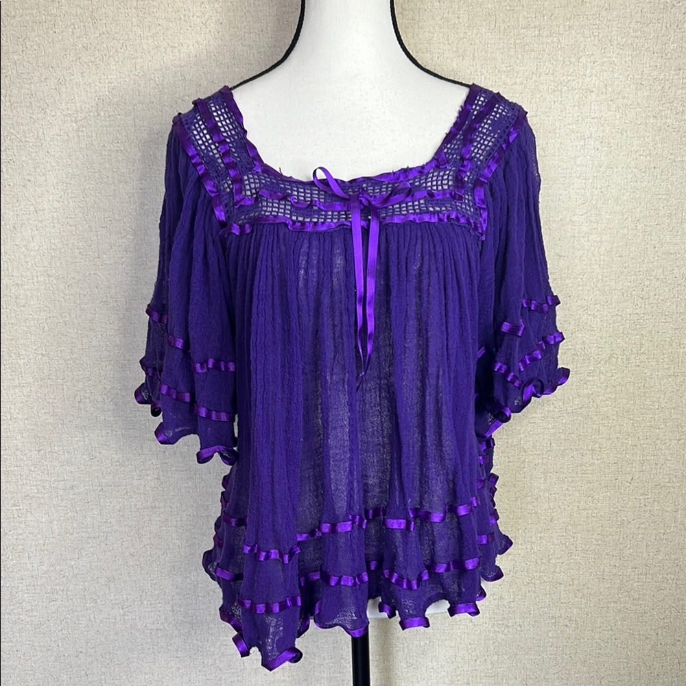 Purple Flutter Sleeve Blouse with Ruffled Tie Front
